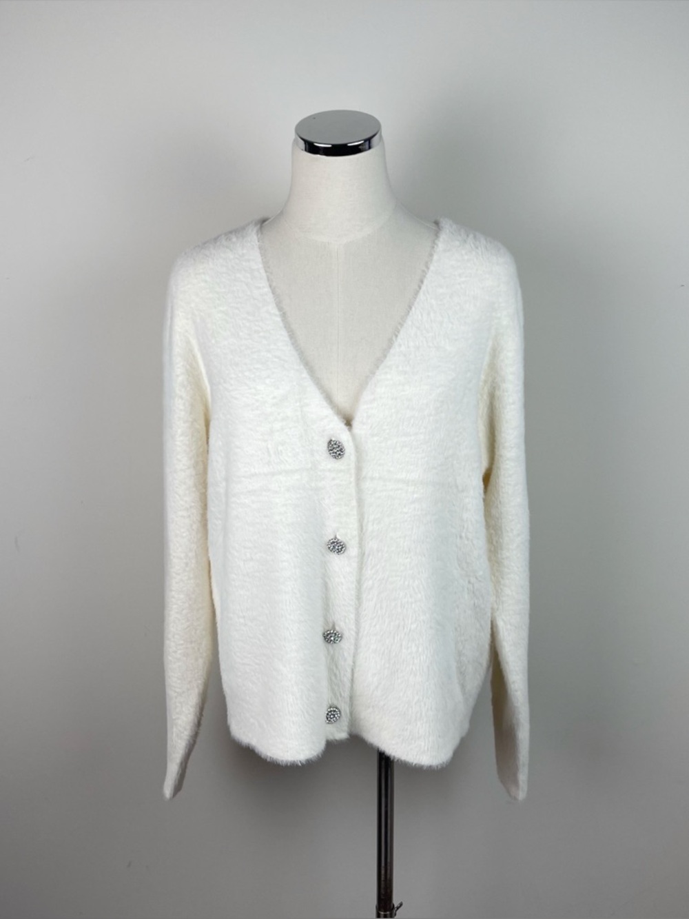 Rachel Zoe White Fuzzy Soft Rhinestone Button Cardigan Sweater Women Size Large
